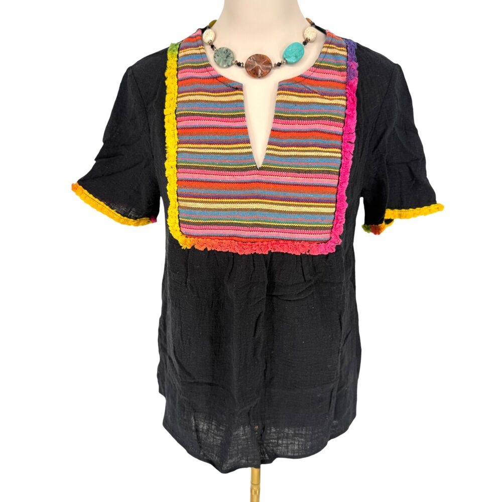 Boho Mexican Serape Stripe Bib Top Medium Entro Black Cotton Fringe Festival - Picture 3 of 15
